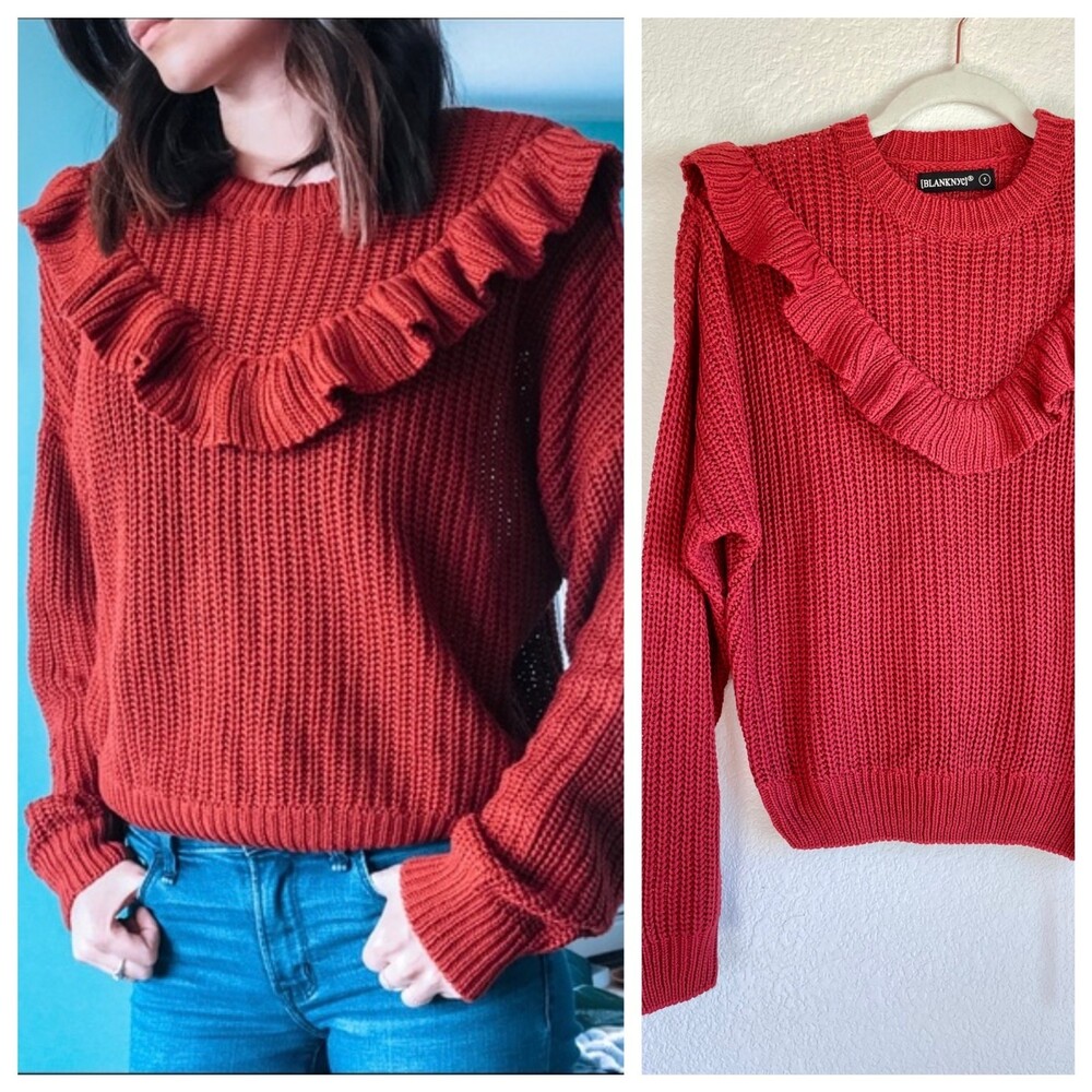 [BLANKNYC] Poppy Red Ruffle Knit Sweater Chunky Ribbed Bib Detail NWT Size Small